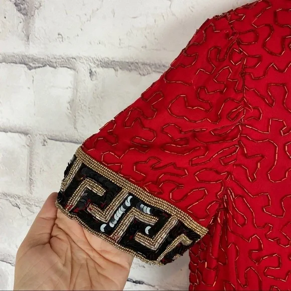 AJ Bari Vintage red silk beaded dress - Picture 4 of 10